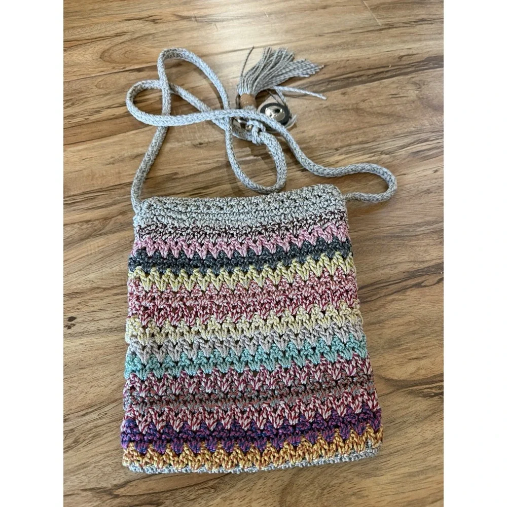 The Sak Rainbow Stripe Crochet Crossbody Boho Bag Vtg Fall Harvest Earth Tones